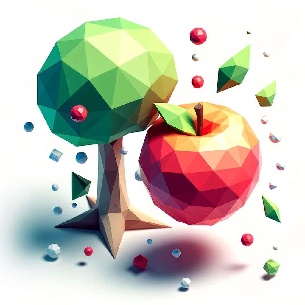 a brightly coloured, detailed icon of the discovery of gravity emoji, 3D low poly render, isometric perspective on white background